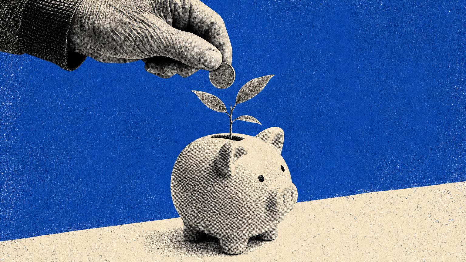 A grandparent's hand dropping a coin into a small sapling growing out of a child's piggy bank.